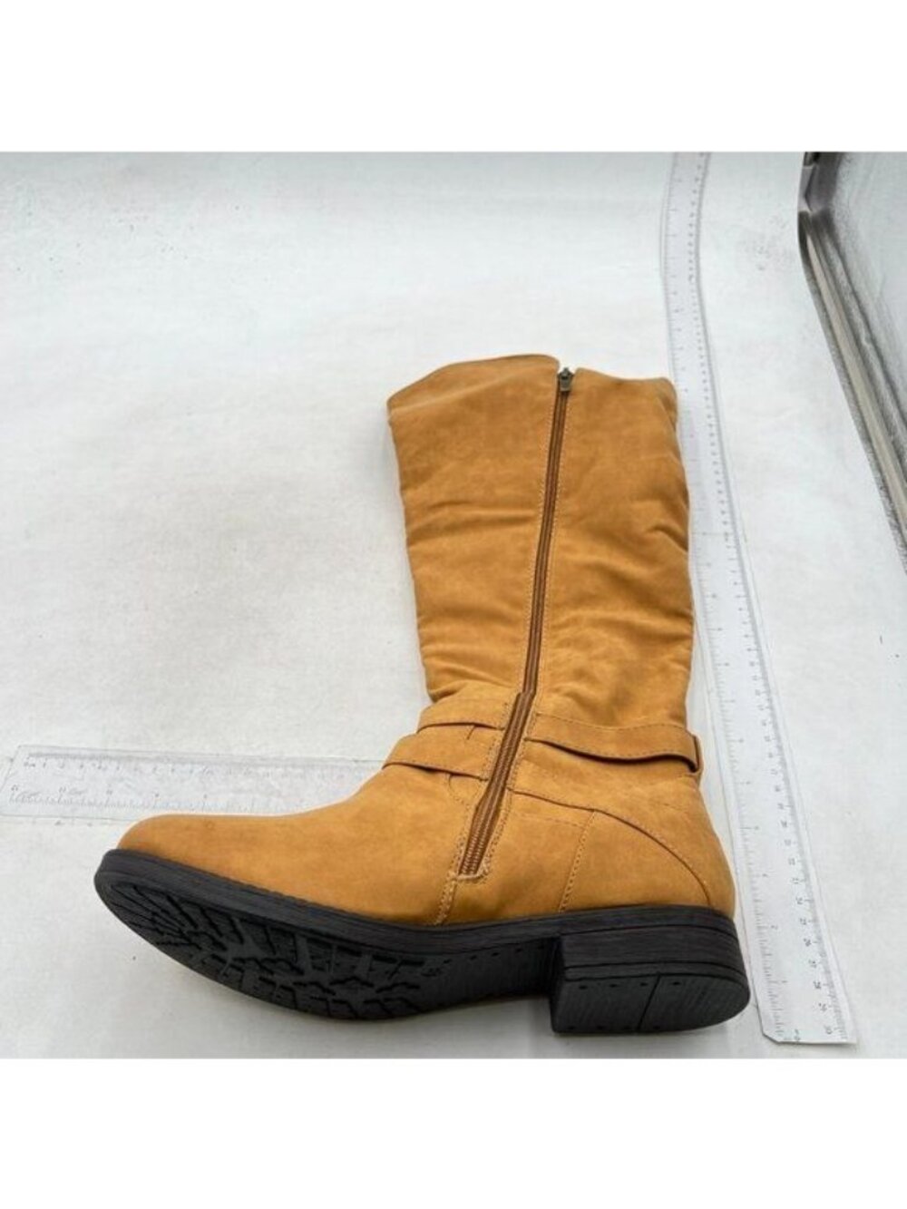 Brown Women Knee High Boots with Strap Block Heels Round Toe Side Zipper Shoes